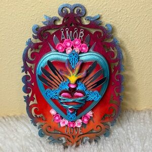Mexican El Corazon Amor Heart Mixed Media Wall Plaque-Signed Original